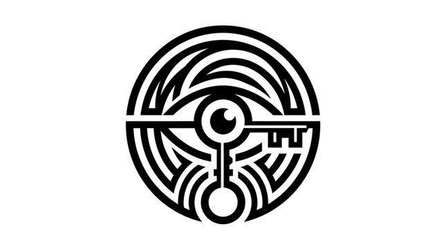 Circular mystic eye and key labyrinth logo design.