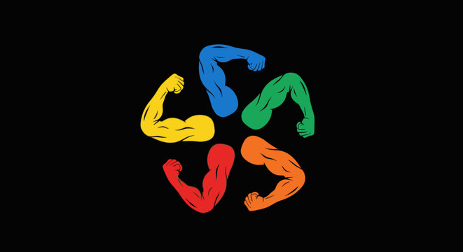 Colorful flexing arm muscles circle logo.