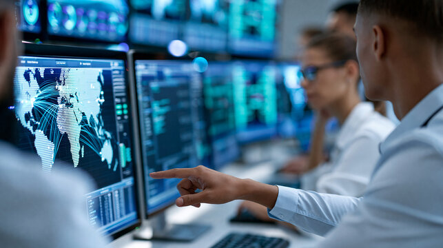 Faceless network operations center team monitoring global cloud infrastructure health on wall of screens showing latency maps and server status dashboards at night, NOC concept,