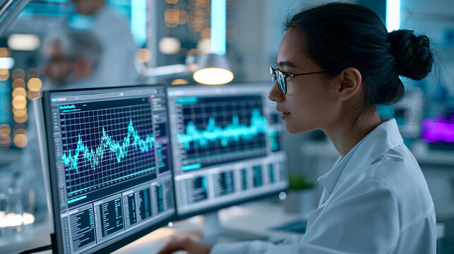 Faceless AI researcher reviewing benchmark comparison charts showing performance metrics across different large language models on dual monitor setup in research lab, AI