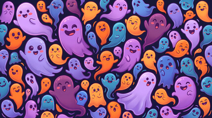 Fototapeta premium A colorful and lively illustration of various cartoon ghosts in different colors and expressions on a dark background