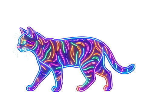 Vibrant neon glowing cat illustration featuring multi colored light lines and artistic striped patterns that create a modern electric aesthetic for creative design projects displayed isolated on a cle