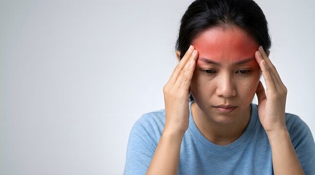 Woman Pressing Temples Due to Migraine Headache With Copy Space