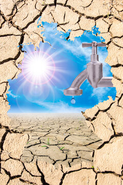 In dem Umriss einer Deutschlandkarte sieht man trockenen Boden mit Rissen und geinen Wasserhahn mit Tropfen als Symbol f&uuml;r Wassermangel, FOTOMONTAGE