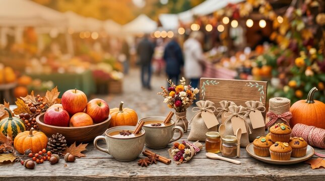 A festive autumn fair table display filled with fresh apples, pumpkins, baked muffins, mugs of warm drink, and honey jars against a blurred outdoor market background.