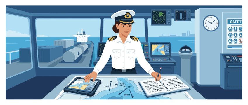 Female ship captain in bridge, navigating with charts and tablet, cargo ship outside