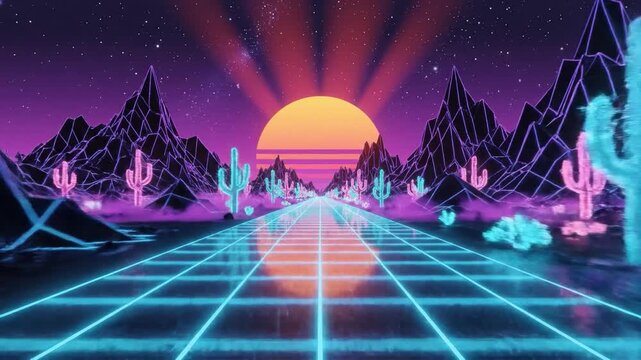 Stylized synthwave desert landscape with glowing neon cacti and wireframe mountains at sunset