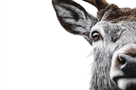 Detailed close up of a deer face against a white background