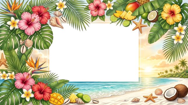 A vibrant tropical beach border frame featuring hibiscus, plumeria, monstera leaves, exotic fruits, and seashells, with empty center space for your summer design.