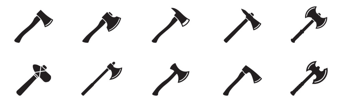 Set of axe silhouettes with various hatchet and battle axe designs. Axe icon set. Vector Illustration.