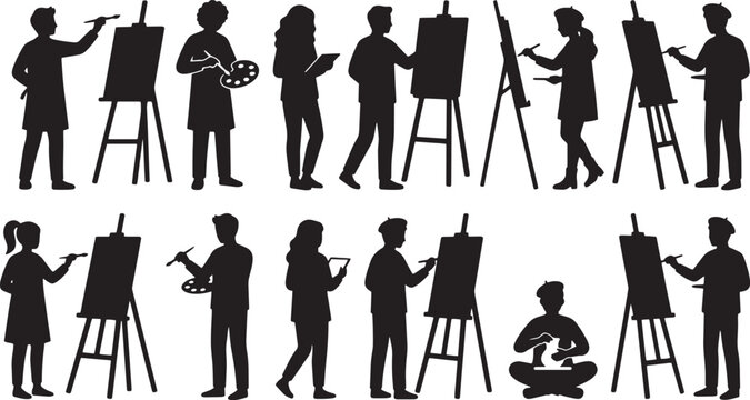 Artist silhouettes, painting, drawing, creative professionals, black icons isolated on Transparent Background