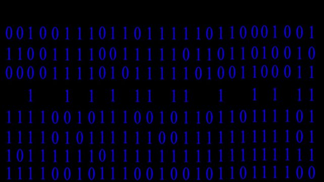 Digital technology data animation updates streaming blue binary code numbers on black. Software compilation terminals utilize a digital technology data animation layout track.