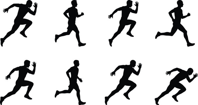 Running silhouettes showing dynamic sprinting motion, athletic posture, stride cycle, sports training, fitness, and exercise concept for health, speed, and performance illustration themes