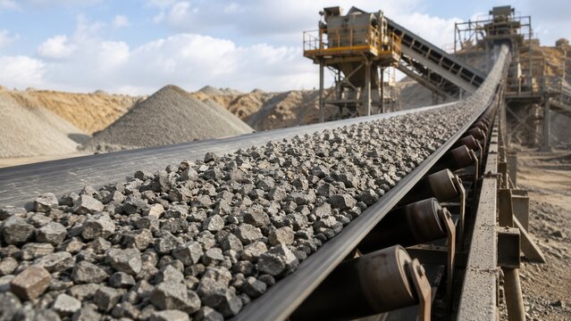 Industrial conveyor belt transporting crushed stone aggregate at open pit quarry mining and processing plant
