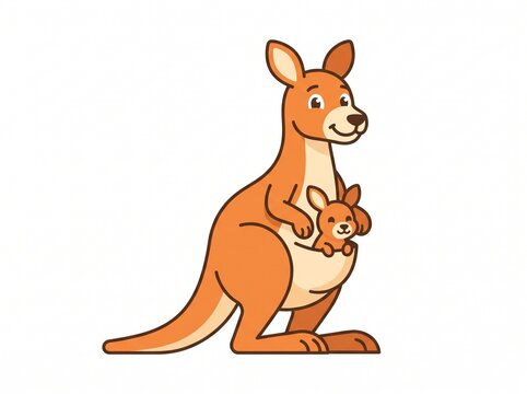 Cute kangaroo with baby joey in pouch front view geometric flat vector illustration isolated on white background
