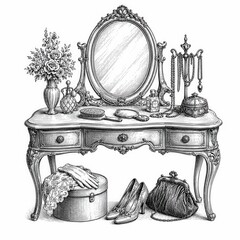 Fototapeta premium Vintage vanity table with ornate mirror engraving sketch illustration isolated on white background artwork