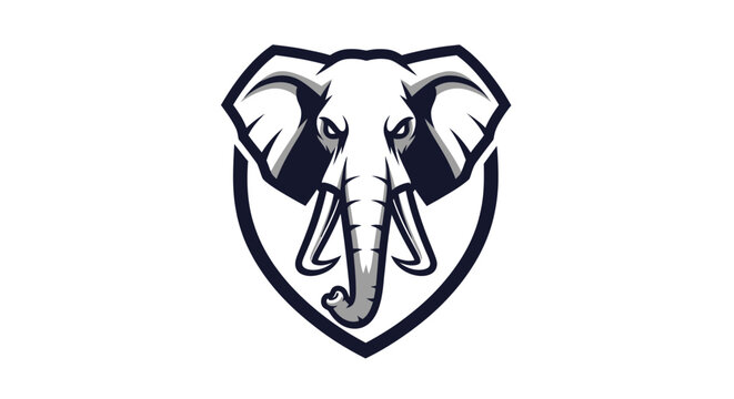 Majestic elephant head mascot shield logo in black and white.
