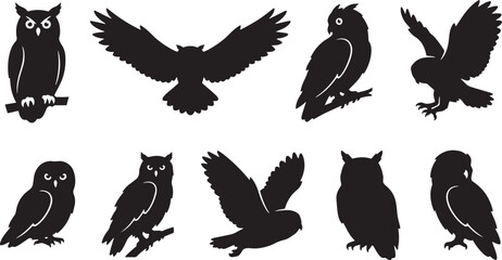 Naklejka premium Owl silhouettes, black owl icons, bird illustrations, wildlife graphics, 8 owl designs isolated on Transparent Background