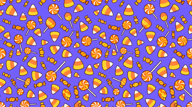 Colorful halloween candy pattern with candy corn and lollipops on purple background for festive designs