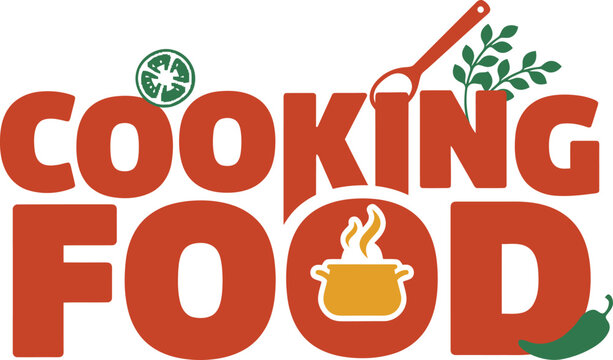 Cooking food creative wordmark logo with kitchen tools and plants. Vector illustration