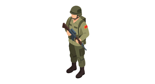 Isometric soldier in military uniform holding a rifle