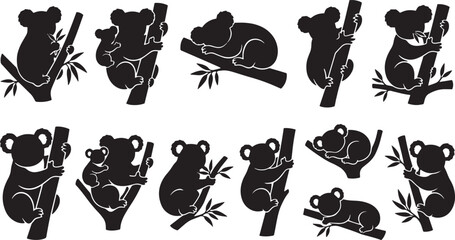 Fototapeta premium Koala silhouettes, koala icons, black koalas, animal illustrations, wildlife graphics isolated on Transparent Background