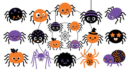 Obraz premium Halloween spider web decoration. Spooky jack-o-lanterns and spiders hanging.