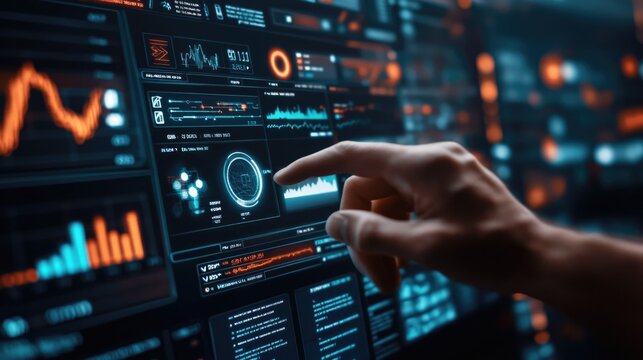 Data analytics automated with AI technology. Big data, business analytics and artificial intelligence automation. Dashboard report with sales and operations charts and KPI insights on touch screen.