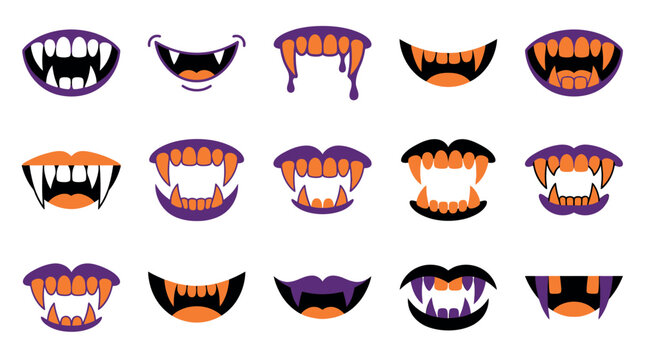 Halloween vampire mouth set with sharp fangs and blood. Spooky cartoon lips collection for party decorations and horror designs.