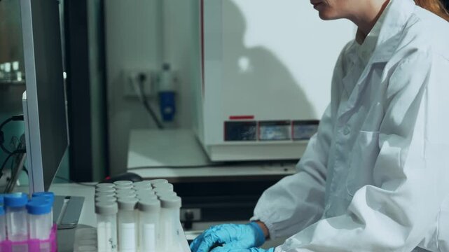 Scientist wearing gloves analyzing test tube samples and typing data into computer in a modern research laboratory