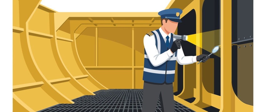 Maritime Inspector with Magnifying Glass and Flashlight Inspecting Ship Hull