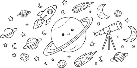 Cute Space Planet Vector Element Set with Rocket Telescope Comet and Kids Coloring Page Outline © MdAungur