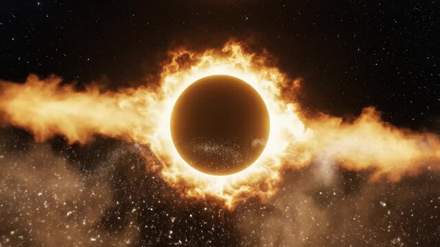Total solar eclipse with brilliant glowing yellow halo ring and swirling cosmic dust in deep space