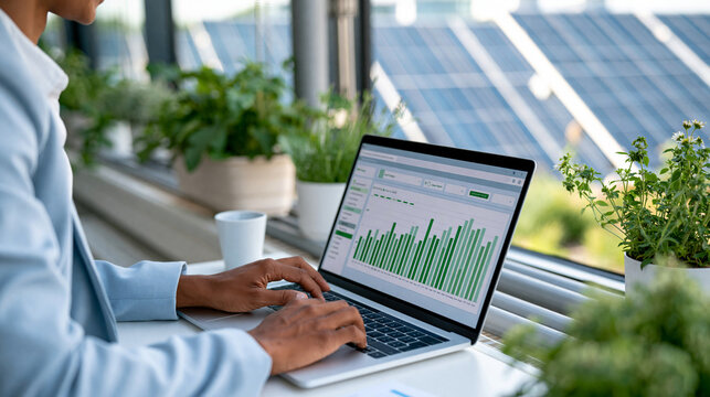 Faceless sustainability officer reviewing green energy consumption metrics and carbon footprint dashboard for data center operations on laptop with solar panel views outside