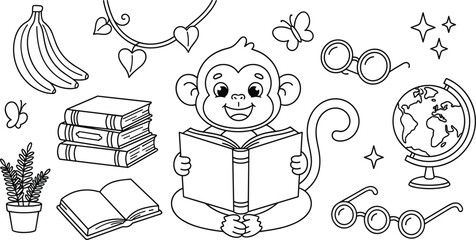 Cute Monkey Reading Book Vector Element Set with Globe Glasses Banana and Kids Coloring Page Outline