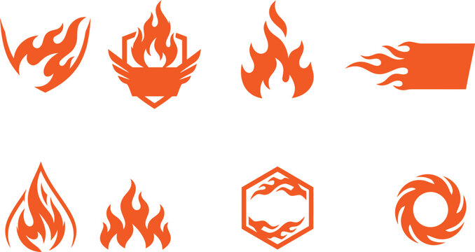 Fiery emblems collection eight orange flame graphics for branding esports and power related designs