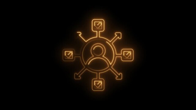 Glowing orange neon icon representing a central person connected to multiple smaller icons with