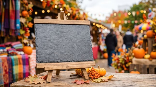 A blank chalkboard sign on a miniature wooden easel sitting on a table decorated with autumn leaves at a vibrant outdoor market.