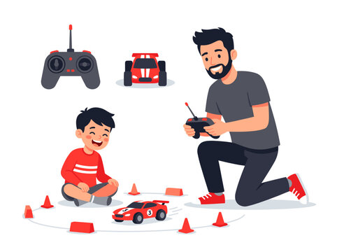 vector Father and son joyfully playing with remote control cars on Father's Day celebrating family bonding and fun activities Isolated on transparent background