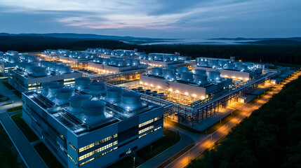 Obraz premium Aerial night view of massive hyperscale data center campus with illuminated buildings cooling towers and power infrastructure surrounded by dark landscape, AI computing scale