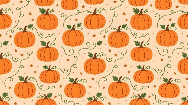 Seamless halloween pumpkin pattern orange pumpkins with vines and stars for fall decor