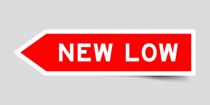 Red color arrow shape sticker label with word new low on gray background