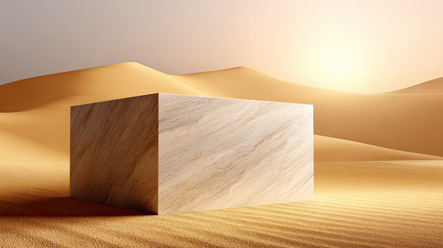 Smooth marble block placed among golden desert sand dunes