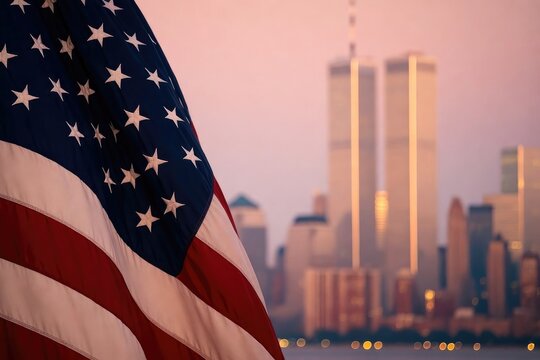Flag waving proudly with skyline backdrop, capturing essence of resilience and remembrance