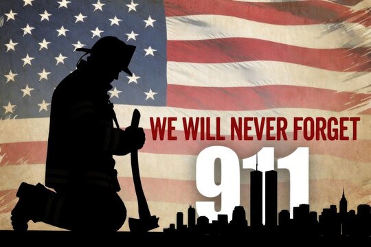 Firefighter silhouette kneeling in tribute, American flag backdrop, commemorating 9/11 heroes.