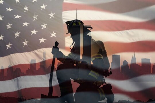 Silhouette of firefighter kneeling in front of American flag, symbolizing bravery and remembrance