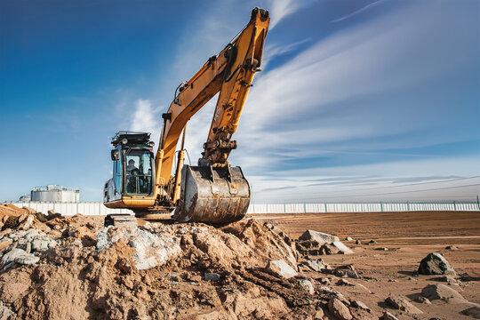 A yellow excavator is digging and moving rocks on a construction site during a sunny day in a rural landscape with clouds in the sky