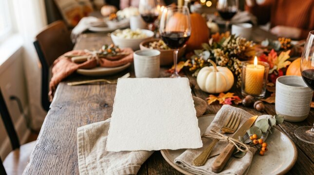 A blank textured deckle edge paper card menu template on a beautifully decorated thanksgiving dinner table with candles and pumpkins.