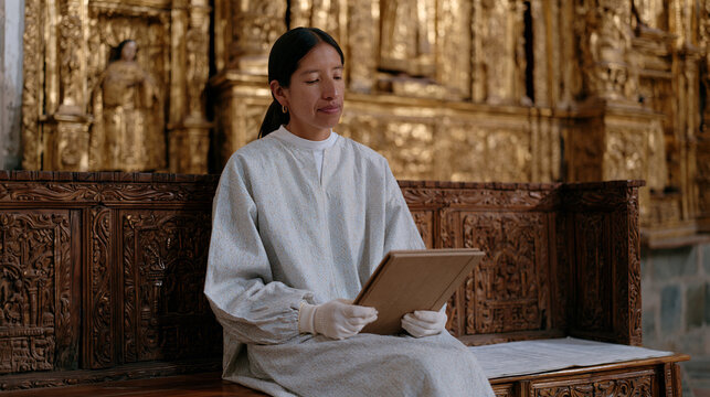 Peruvian altarpiece conservator in white cotton gloves photographs gilded colonial retablo under raking light, detailed condition report beside her on carved bench, preservation
