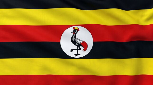 Uganda national flag with black, yellow, and red stripes, crowned crane emblem, symbolizing unity, heritage, and national identity.
